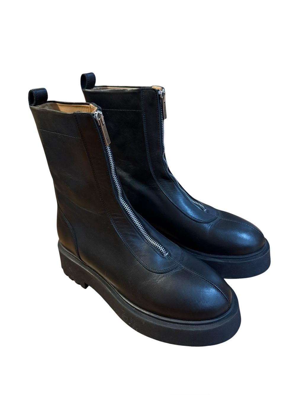 Flattered Alma Black Leather Front Zip Lug Sole Ankle Boot EU 40 US 9/9.5